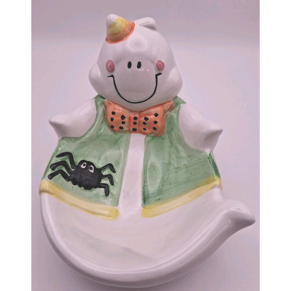 Vintage 1999 (Y2K) Porcelain Halloween Ghost w/Spider Candy/Trinket Dish